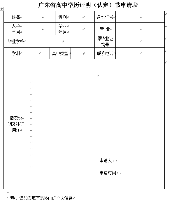 高中学历证明（认定）书申请表