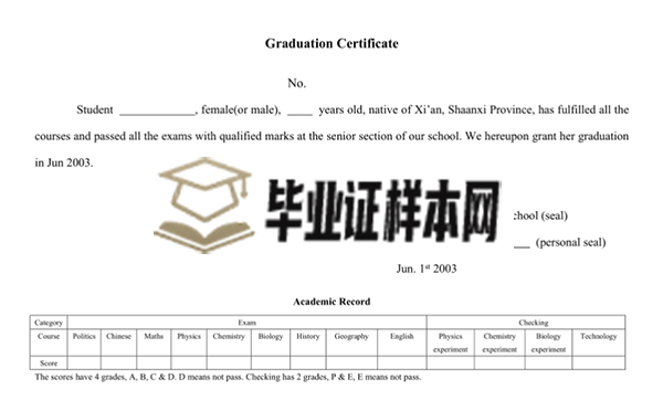 江苏省高中毕业证书英语翻译样本