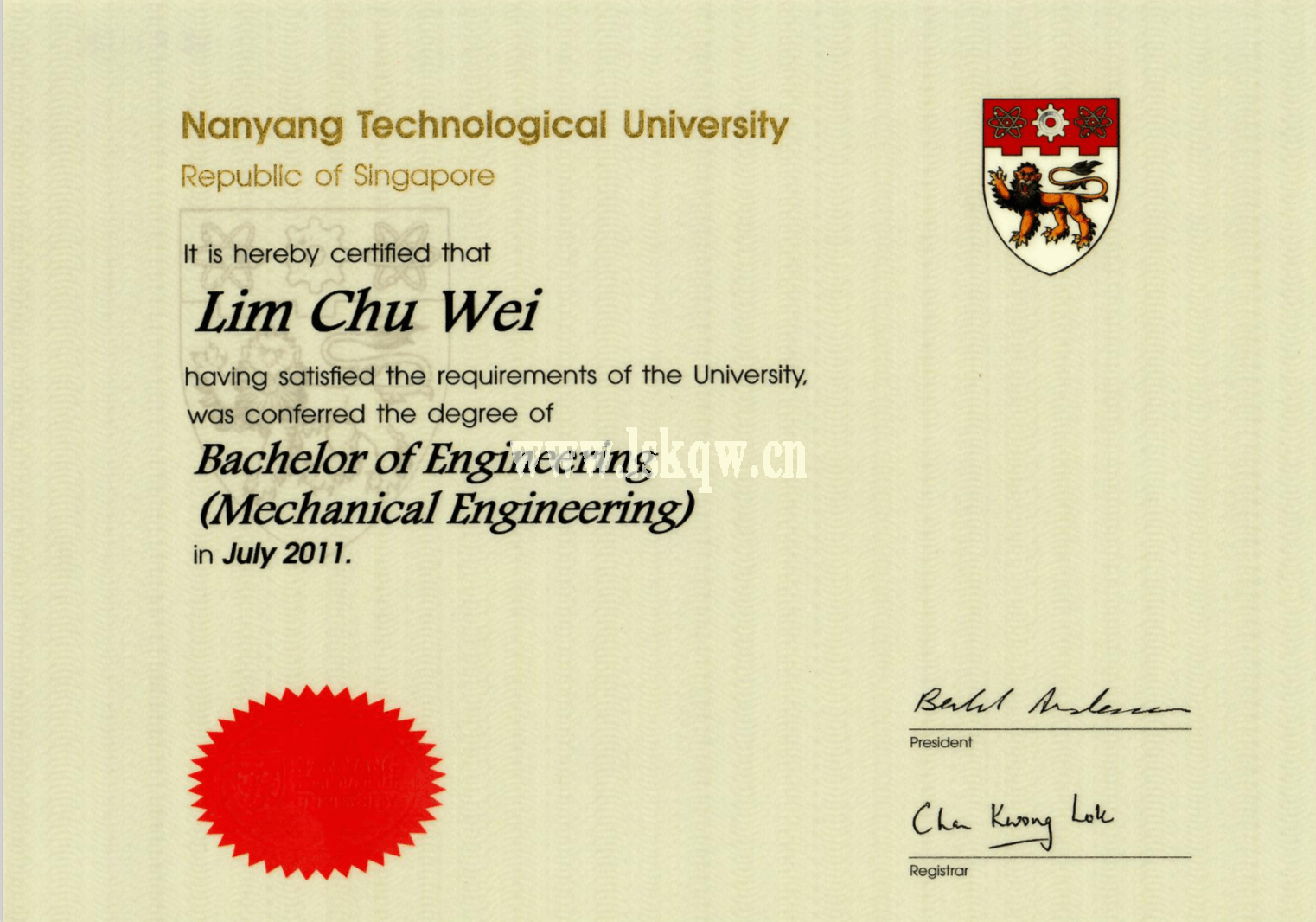 新加坡南洋理工大学毕业证样本