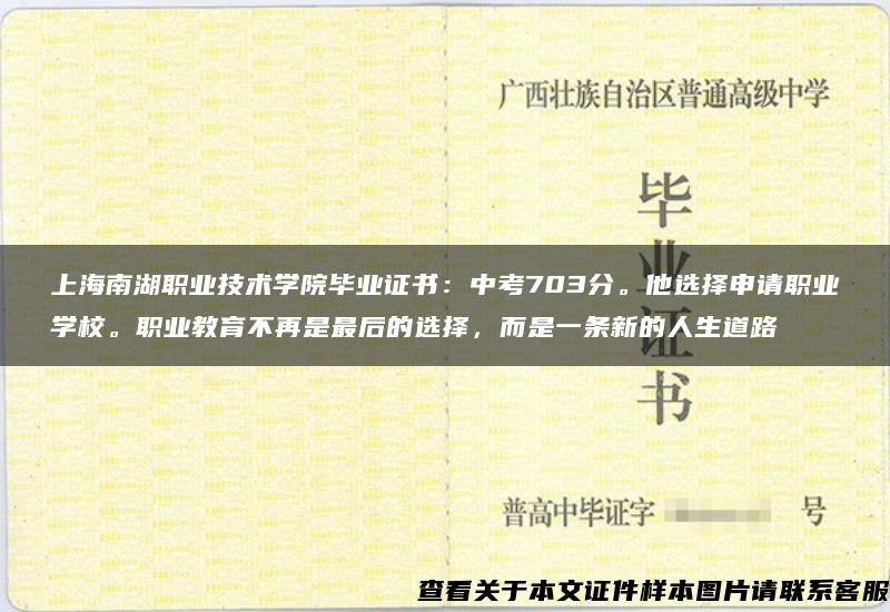 上海南湖职业技术学院毕业证书：中考703分。他选择申请职业学校。职业教育不再是最后的选择，而是一条新的人生道路