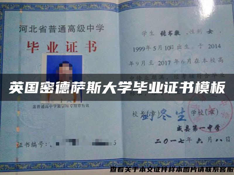 英国密德萨斯大学毕业证书模板