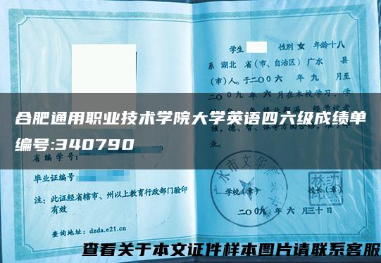 合肥通用职业技术学院大学英语四六级成绩单编号:340790