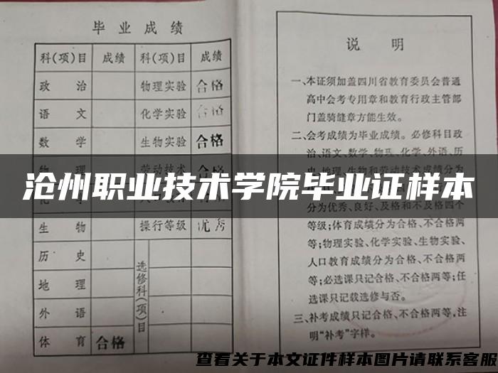 沧州职业技术学院毕业证样本