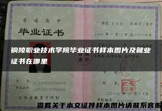 铜陵职业技术学院毕业证书样本图片及就业证书在哪里