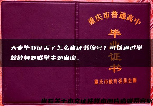 大专毕业证丢了怎么查证书编号？可以通过学校教务处或学生处查询。