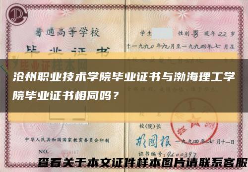 沧州职业技术学院毕业证书与渤海理工学院毕业证书相同吗？缩略图