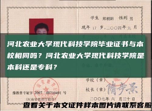 河北农业大学现代科技学院毕业证书与本校相同吗？河北农业大学现代科技学院是本科还是专科？缩略图